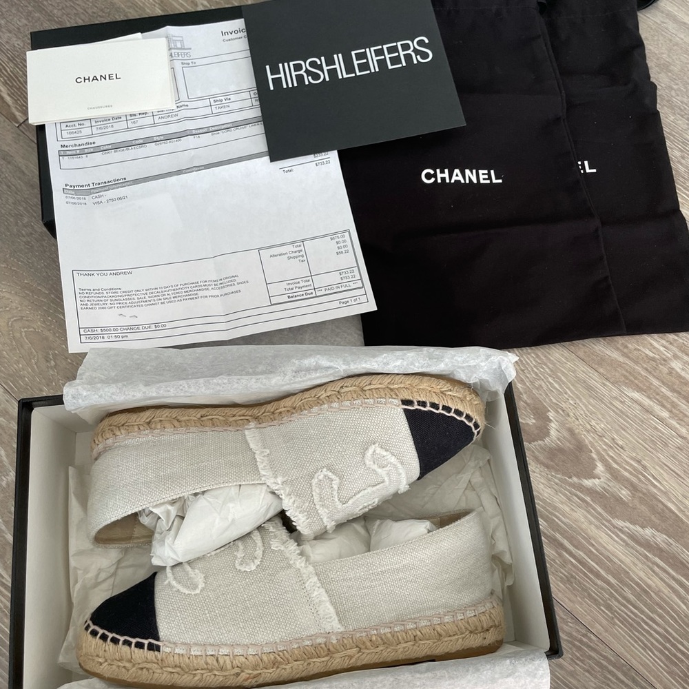 Chanel Linen CC Espadrilles 38 Beige Black with box, dustbags, receipt